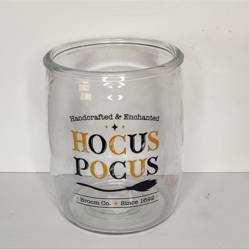 Hocus Pocus Broom Company Clear Glass Halloween Candy Jar Canister Utensil Crock